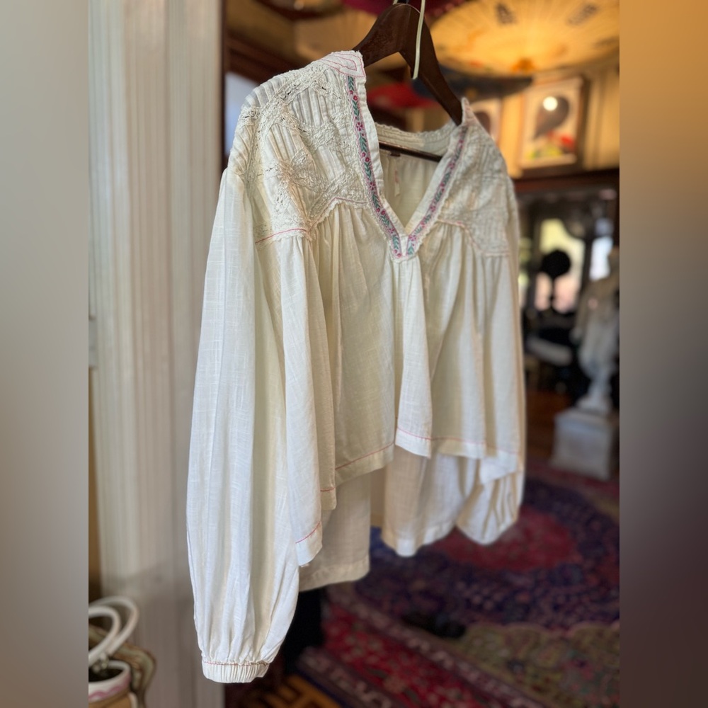 Free People Cream Embroidered Top